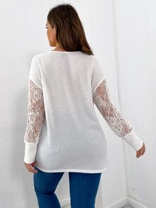 SHEIN LUNE Áo thun Plus size Tương phản ren màu trơn Giải trí - trắng - Xem 2