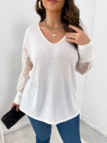 SHEIN LUNE Áo thun Plus size Tương phản ren màu trơn Giải trí - trắng - Xem 4