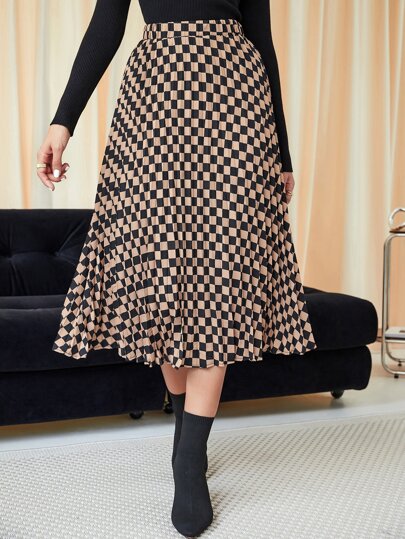 High Waist Checker Print Pleated Skirt