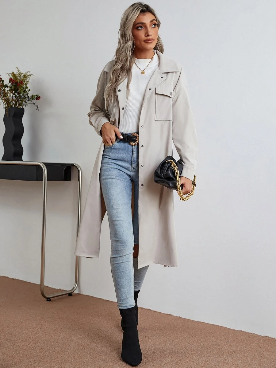 Abrigo de hombros caídos con bolsillo con solapa - Gris Claro - Ver 1