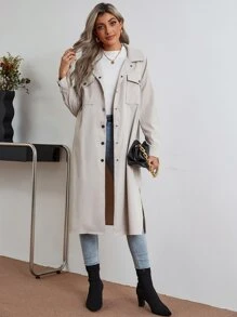 Abrigo de hombros caídos con bolsillo con solapa - Gris Claro - Ver 6