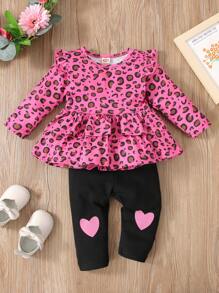 Top ribete con fruncido con estampado de leopardo con leggings con estampado de corazón - Multicolor - Ver 1