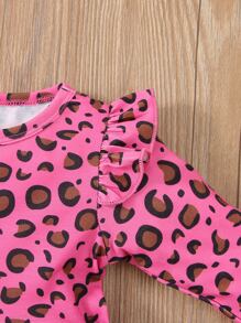 Top ribete con fruncido con estampado de leopardo con leggings con estampado de corazón - Multicolor - Ver 4