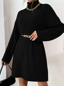 SHEIN Clasi Vestido de punto de hombros caídos de cuello cisne sin cinturón - Negro - Ver 1