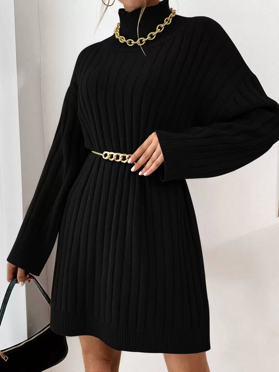 SHEIN Clasi Vestido de punto de hombros caídos de cuello cisne sin cinturón - Negro - Ver 1