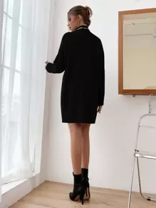 SHEIN Clasi Vestido de punto de hombros caídos de cuello cisne sin cinturón - Negro - Ver 2