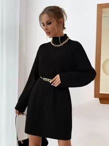 SHEIN Clasi Vestido de punto de hombros caídos de cuello cisne sin cinturón - Negro - Ver 3