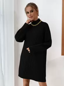 SHEIN Clasi Vestido de punto de hombros caídos de cuello cisne sin cinturón - Negro - Ver 4