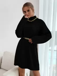 SHEIN Clasi Vestido de punto de hombros caídos de cuello cisne sin cinturón - Negro - Ver 6