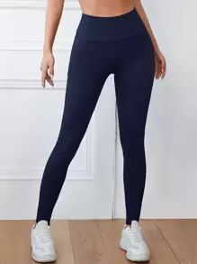 SHEIN EZwear Solid Wide Waistband Leggings - Navy Blue - View 4