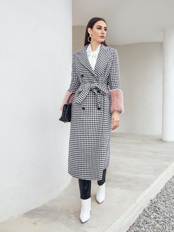 Modelyn Houndstooth Contrast Teddy Cuff Belted Coat
