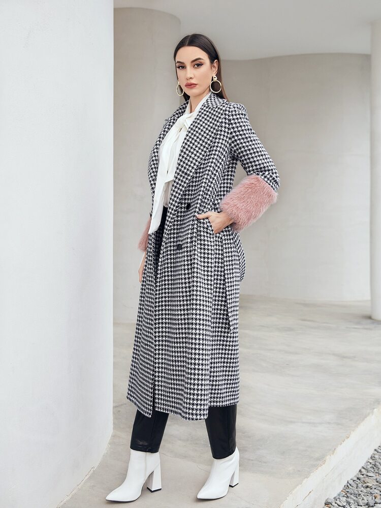 Modelyn 千鳥格拼接絨毛袖口腰帶外套 - 黑與白 - 查看 3