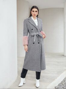 Modelyn Houndstooth Contrast Teddy Cuff Belted Coat - Black and White - View 4