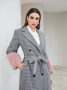 Modelyn Houndstooth Contrast Teddy Cuff Belted Coat - Black and White - View 5