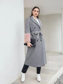 Modelyn Houndstooth Contrast Teddy Cuff Belted Coat - Black and White - View 6