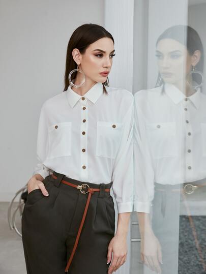 Seusyu Button Front Dual Pocket Batwing Sleeve Shirt