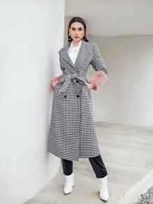 Modelyn Houndstooth Contrast Teddy Cuff Belted Coat - Black and White - View 7