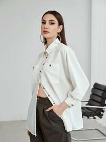 Seusyu 前紐扣雙口袋蝙蝠袖襯衫 - 白色 - 查看 3
