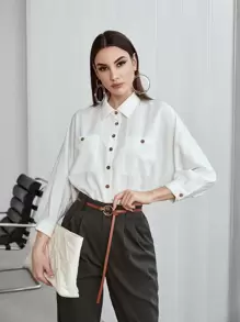 Seusyu 前紐扣雙口袋蝙蝠袖襯衫 - 白色 - 查看 4