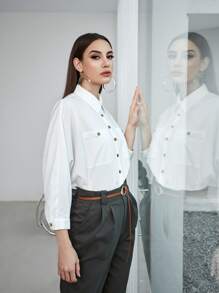 Seusyu 前紐扣雙口袋蝙蝠袖襯衫 - 白色 - 查看 5