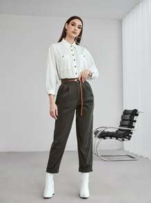 Seusyu 前紐扣雙口袋蝙蝠袖襯衫 - 白色 - 查看 6