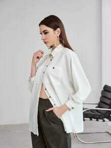 Seusyu 前紐扣雙口袋蝙蝠袖襯衫 - 白色 - 查看 7