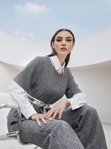 Mulvari Áo sơ mi nữ Thắt lưng Tương phản ren Nhẫn răng cưa Lá thư Thanh lịch - Xám - Xem 3