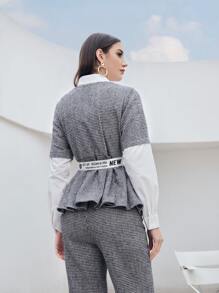 Mulvari Áo sơ mi nữ Thắt lưng Tương phản ren Nhẫn răng cưa Lá thư Thanh lịch - Xám - Xem 2