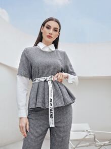 Mulvari Áo sơ mi nữ Thắt lưng Tương phản ren Nhẫn răng cưa Lá thư Thanh lịch - Xám - Xem 1