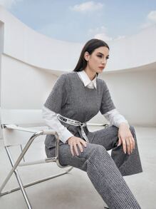 Mulvari Áo sơ mi nữ Thắt lưng Tương phản ren Nhẫn răng cưa Lá thư Thanh lịch - Xám - Xem 4