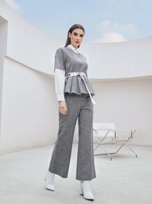 Mulvari Áo sơ mi nữ Thắt lưng Tương phản ren Nhẫn răng cưa Lá thư Thanh lịch - Xám - Xem 5
