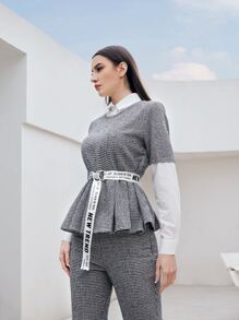 Mulvari Áo sơ mi nữ Thắt lưng Tương phản ren Nhẫn răng cưa Lá thư Thanh lịch - Xám - Xem 6