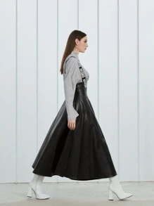 Seusyu 扣眼拼接字母織帶PU皮革背帶洋裝不帶襯衫