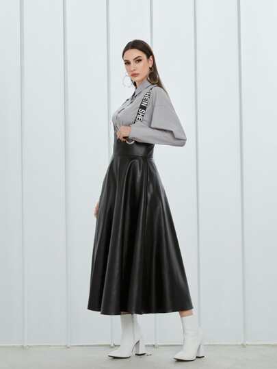 Seusyu Grommet Contrast Letter Tape PU Leather Overall Dress Without Blouse