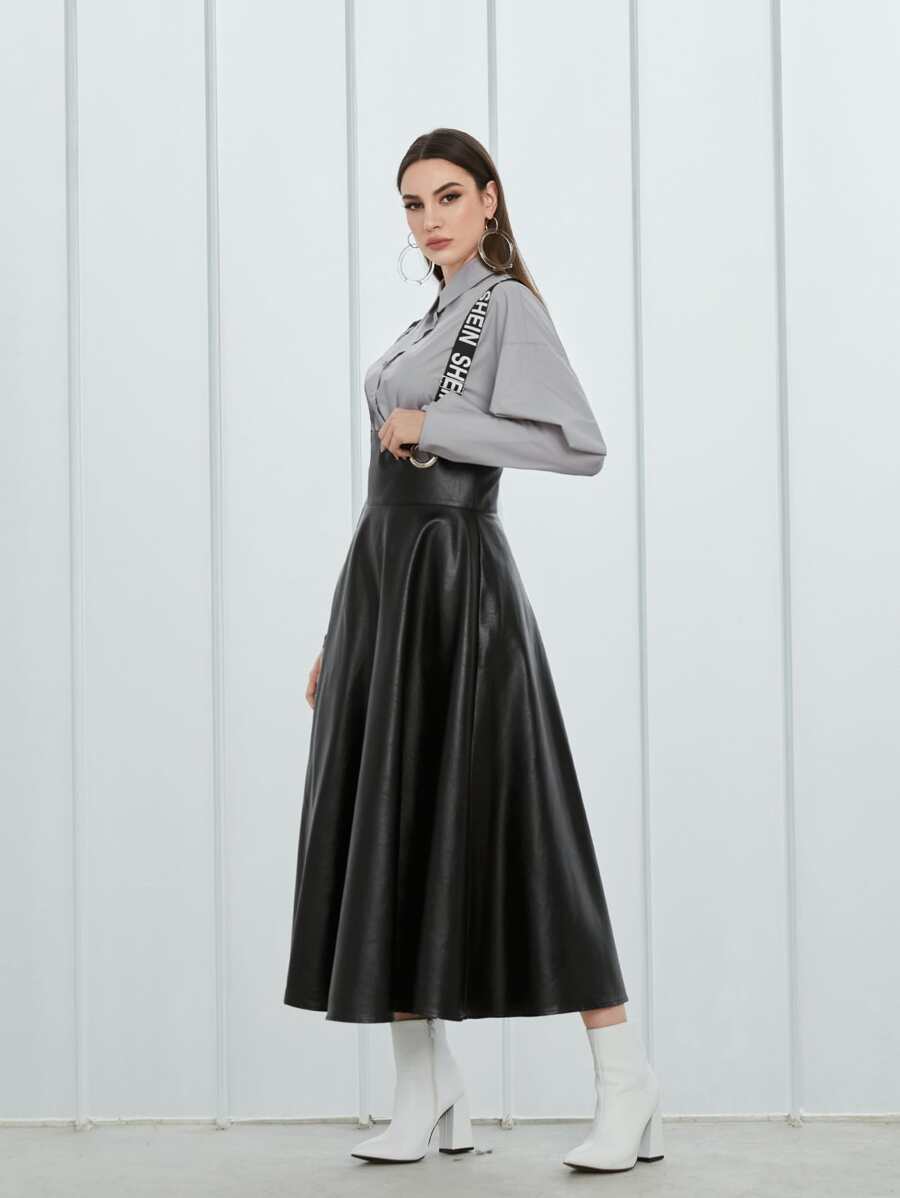 Seusyu 扣眼拼接字母織帶PU皮革背帶洋裝不帶襯衫