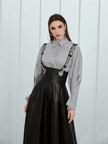 Seusyu 扣眼拼接字母織帶PU皮革背帶洋裝不帶襯衫