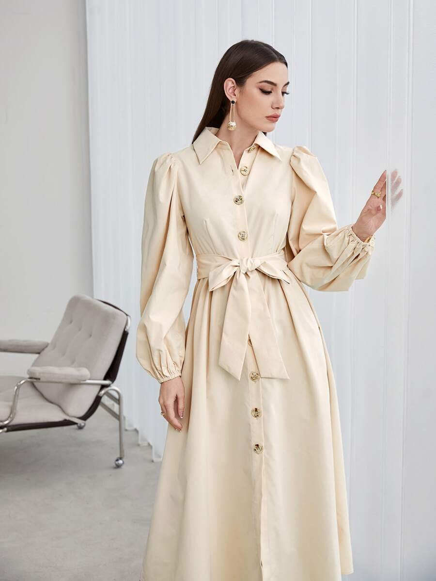 Modelyn 泡泡袖腰帶襯衫連衣裙 - 杏色 - 查看 1