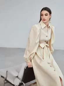 Modelyn 泡泡袖腰帶襯衫連衣裙 - 杏色 - 查看 4