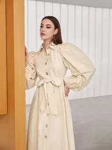 Modelyn 泡泡袖腰帶襯衫連衣裙 - 杏色 - 查看 5