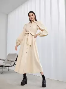 Modelyn 泡泡袖腰帶襯衫連衣裙 - 杏色 - 查看 7