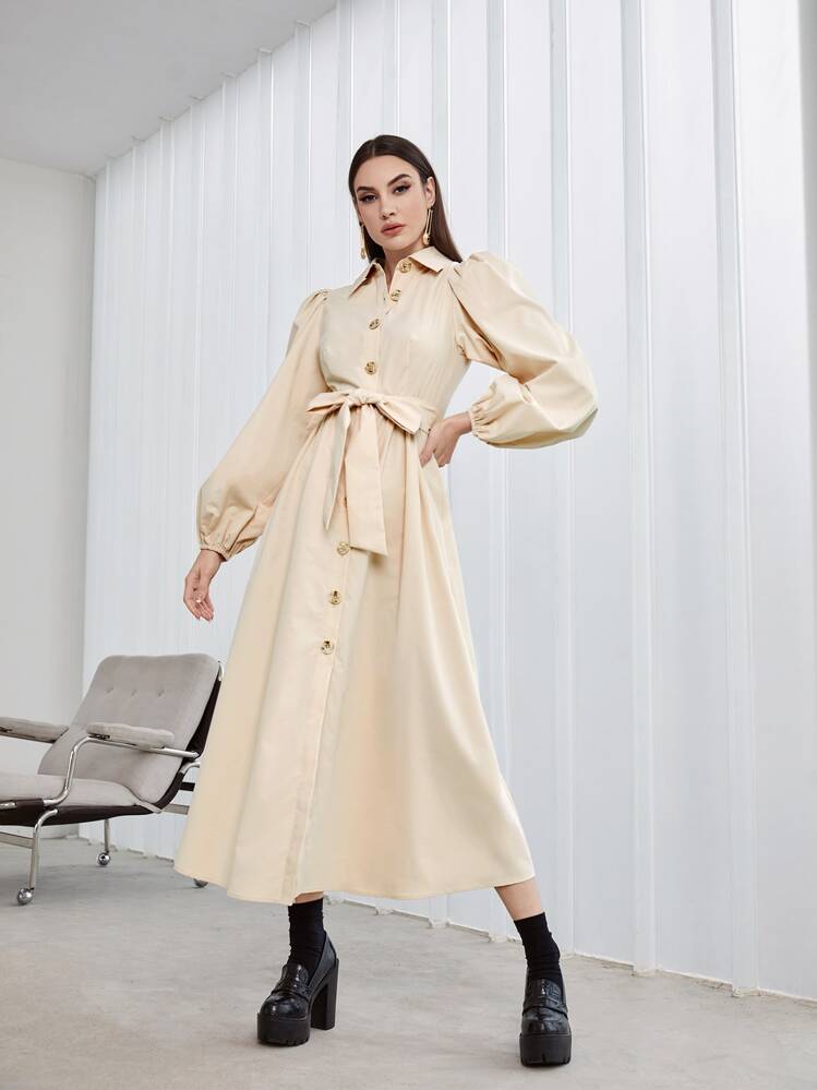 Modelyn 泡泡袖腰帶襯衫連衣裙 - 杏色 - 查看 7