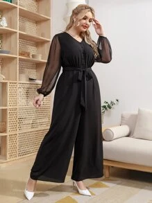 Plus Contrast Mesh Lantern Sleeve Belted Jumpsuit - Black - View 1