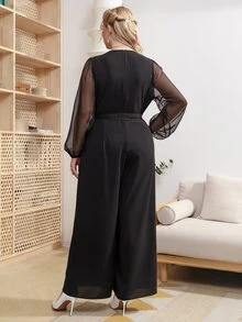 Plus Contrast Mesh Lantern Sleeve Belted Jumpsuit - Black - View 2