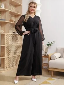 Plus Contrast Mesh Lantern Sleeve Belted Jumpsuit - Black - View 4