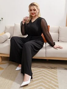 Plus Contrast Mesh Lantern Sleeve Belted Jumpsuit - Black - View 5