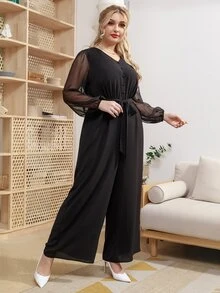 Plus Contrast Mesh Lantern Sleeve Belted Jumpsuit - Black - View 6