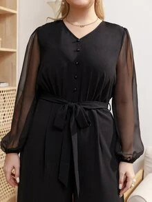 Plus Contrast Mesh Lantern Sleeve Belted Jumpsuit - Black - View 7