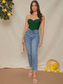 SHEIN Áo nữ Bất đối xứng màu trơn Gợi cảm - Màu xanh lá cây đậm - Xem 5