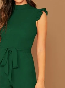 SHEIN Privé 小高領荷葉邊袖自腰帶連身長褲