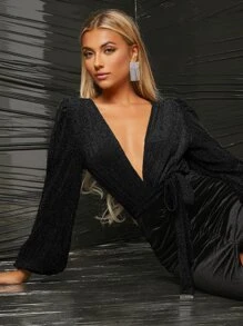 SHEIN BAE Deep V Neck Backless Bodysuit - Black - View 3